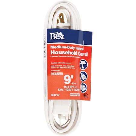 All-Source SPT-2 Extension Cord, 16 AWG, Indoor, 16/2, 3 Outlets, White, 9 ft IN-PT2162-09X-WH
